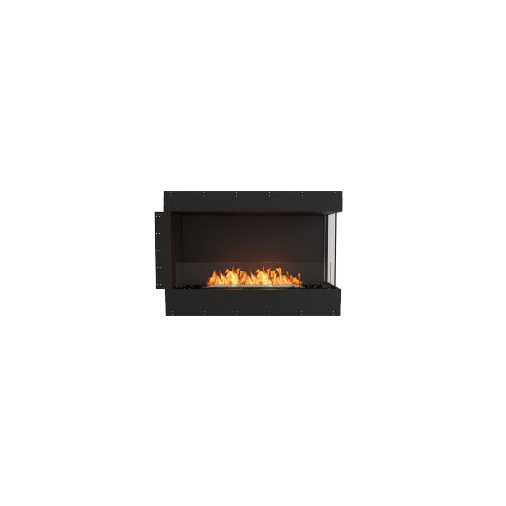 EcoSmart Fire Flex 42 bioethanol fireplace with a black frame, glass side panel, and visible orange flames.
