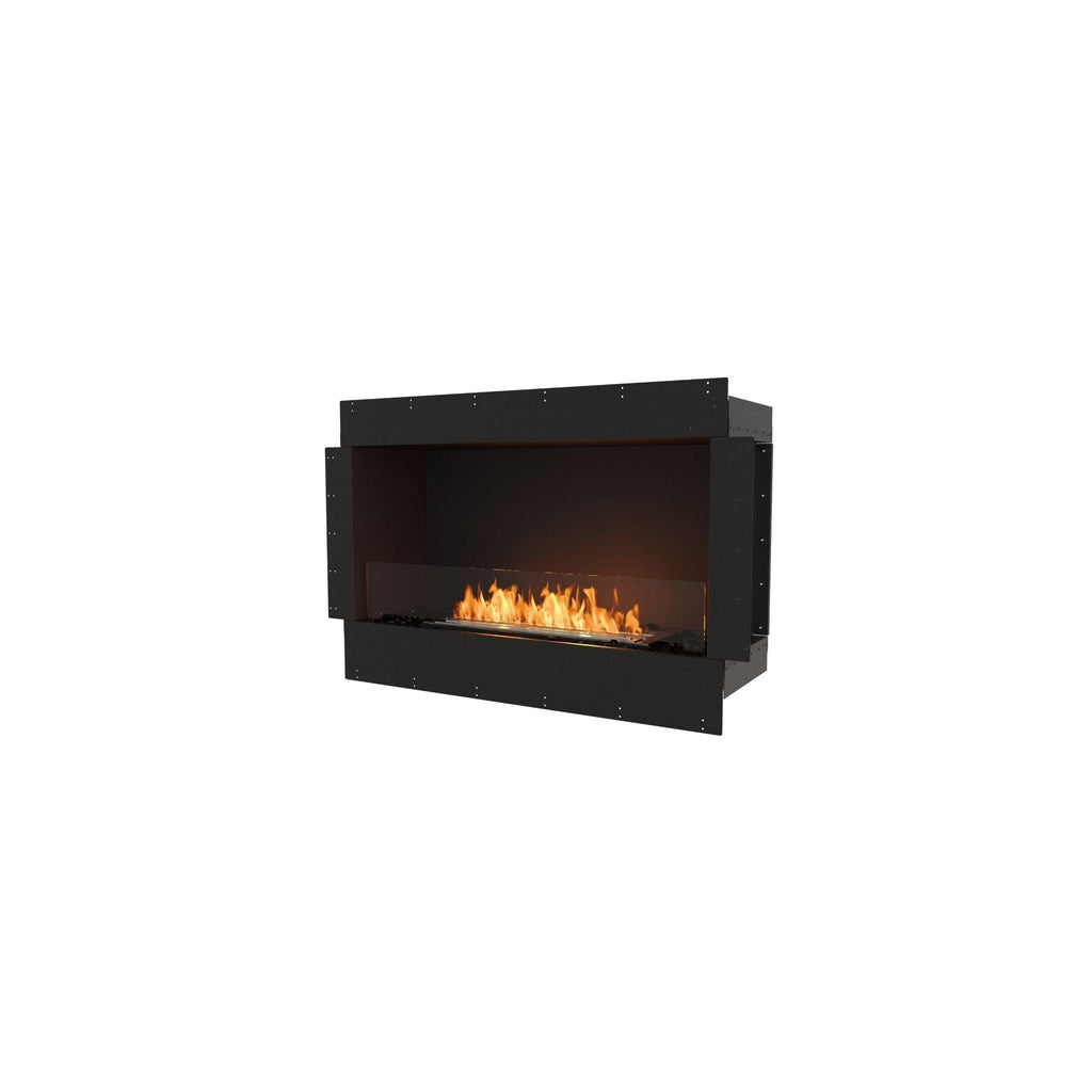 EcoSmart Fire Flex 42 bioethanol fireplace insert with a black metal frame and a glass screen showing orange flames.