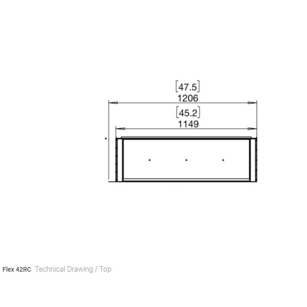 Technical top-down line drawing of the EcoSmart Fire Flex 42 showing dimensions in millimetres and inches.