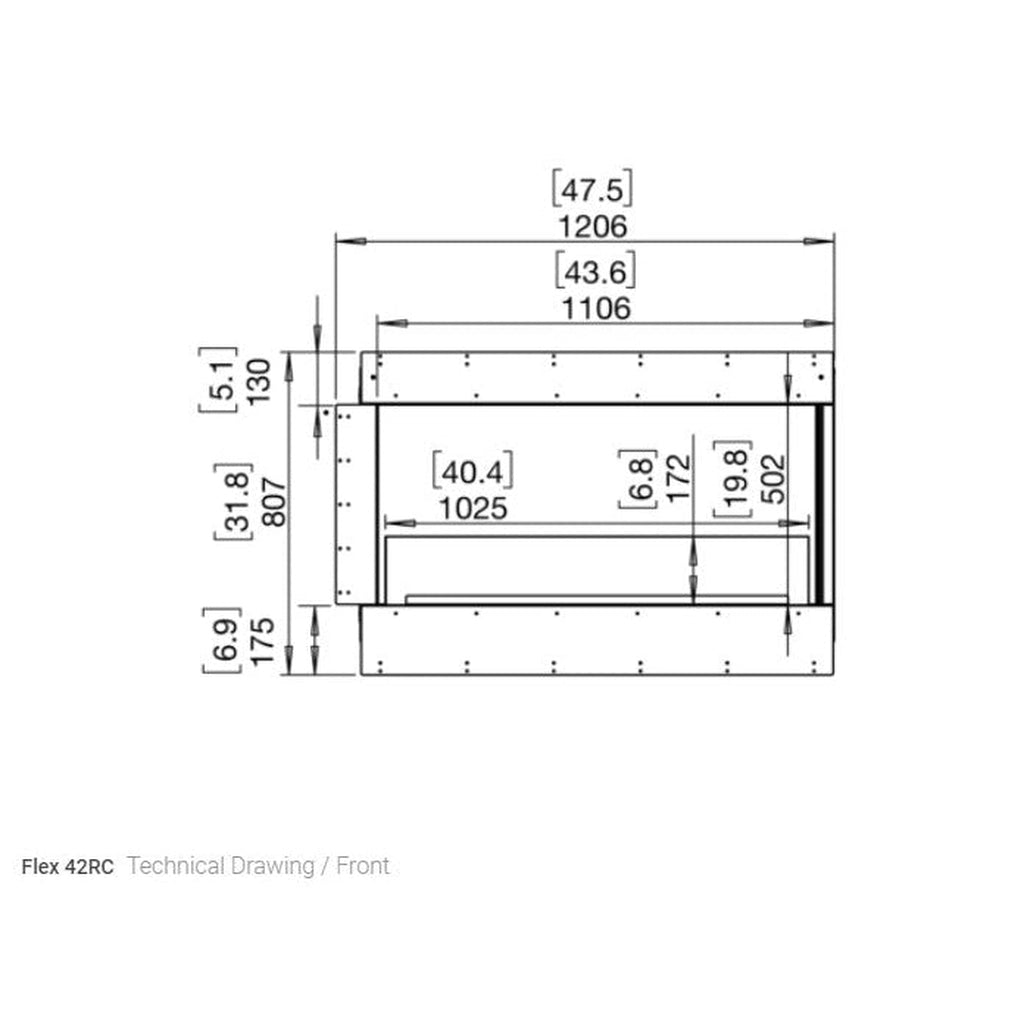 Technical front view drawing of EcoSmart Fire Flex 42 fireplace with dimensions in millimetres and inches.