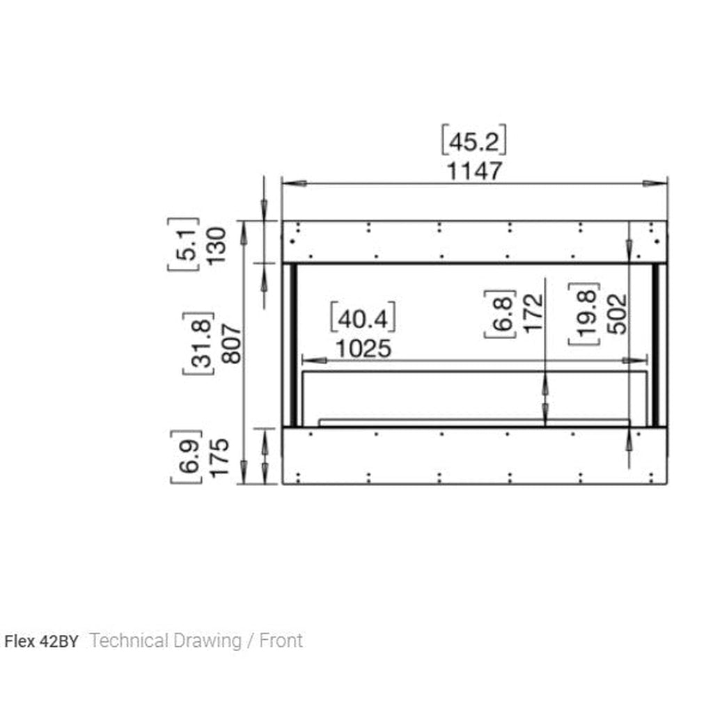 Technical front-view line drawing of the EcoSmart Fire Flex 42 fireplace with detailed metric and imperial dimensions.