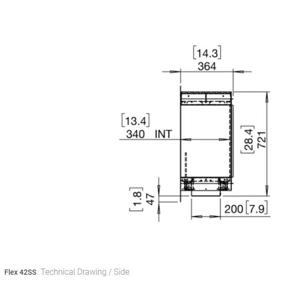 Technical side-profile line drawing of the EcoSmart Fire Flex 42 with imperial and metric dimension measurements.