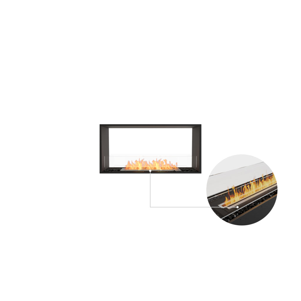 EcoSmart Fire Flex 42 bioethanol fireplace with a black frame, glass screen, and a close-up of the burner flame.