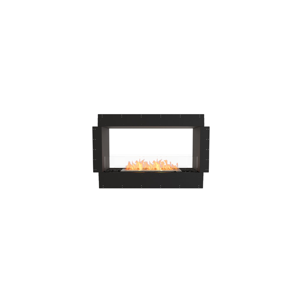 EcoSmart Fire Flex 42 bioethanol fireplace with a black frame, glass screen, and visible orange flames.