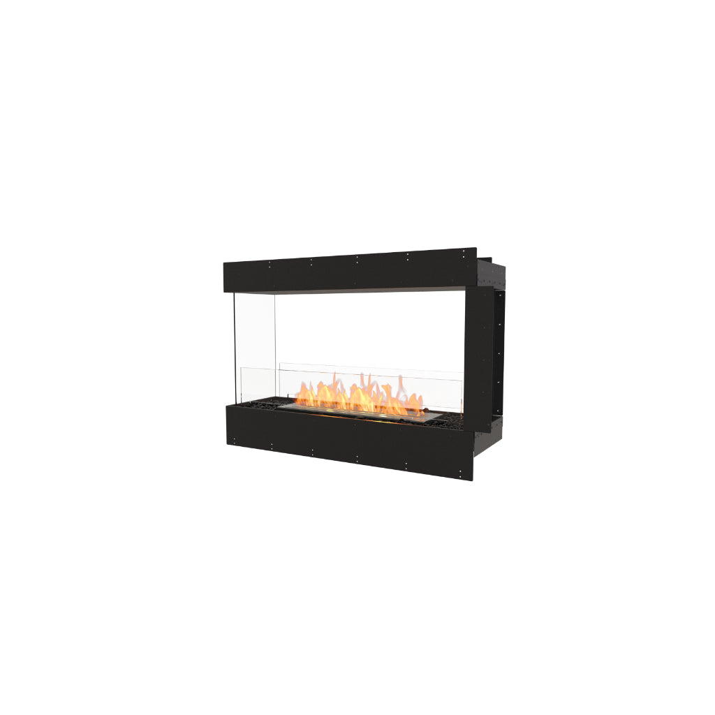 EcoSmart Fire Flex 42 bioethanol fireplace with a black frame, glass side panels, and a central flame on a white background.