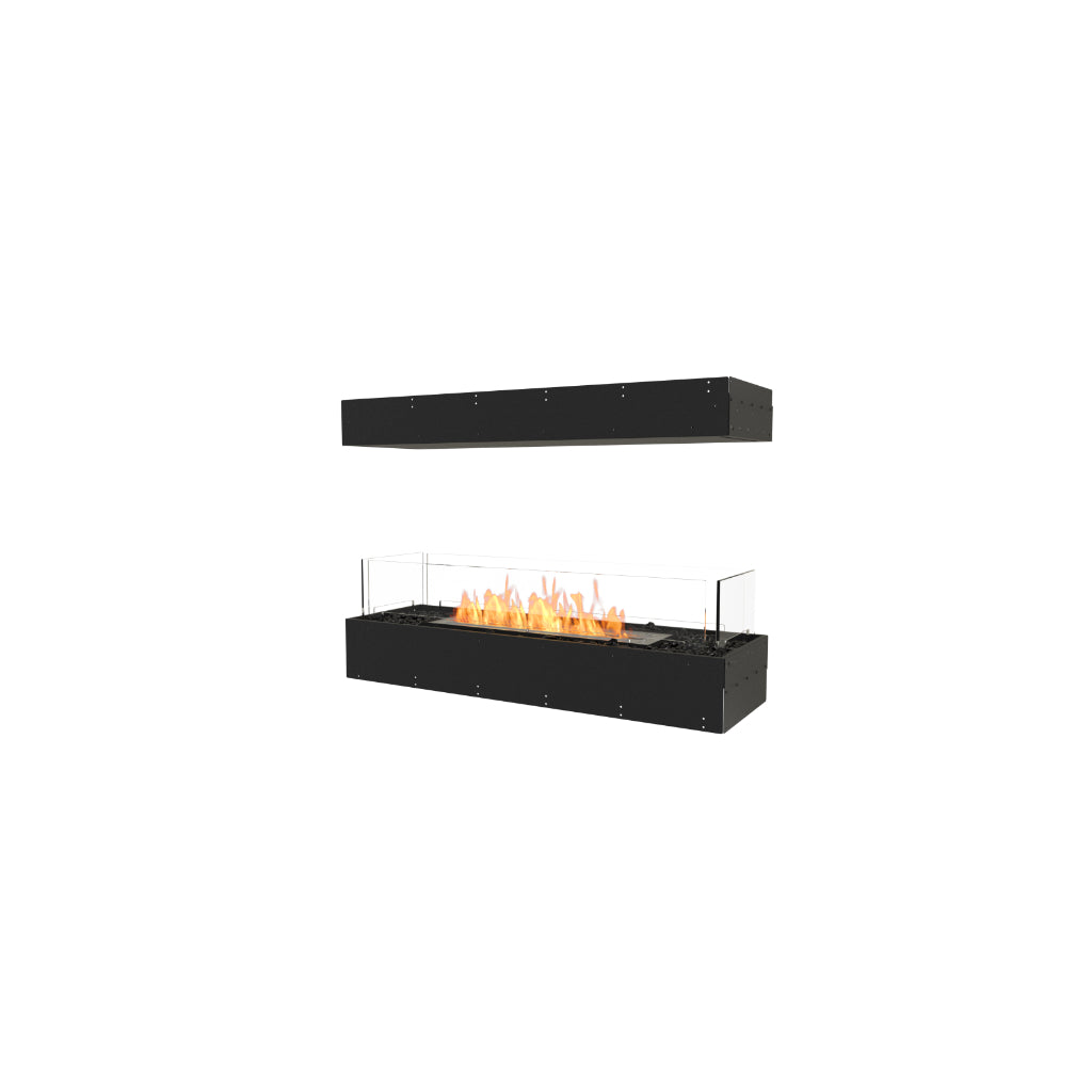 EcoSmart Fire Flex 42 bioethanol fireplace with a black frame, glass side panels, and a central flame on black stones.