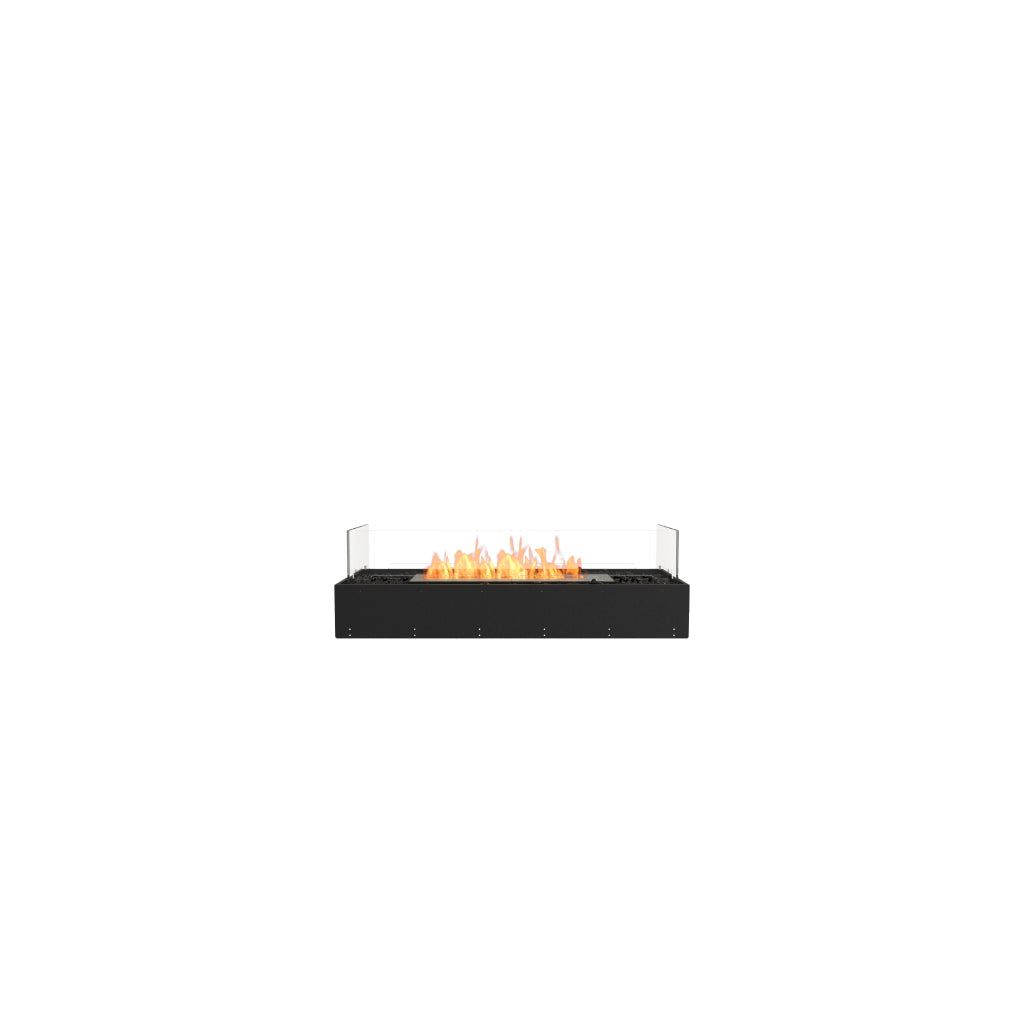 EcoSmart Fire Flex 42 bioethanol fireplace with a black rectangular frame, glass side panels, and orange flames.