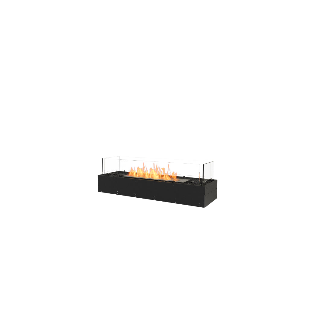 EcoSmart Fire Flex 42 bioethanol fireplace with a black metal base, glass screen, and visible orange flames.