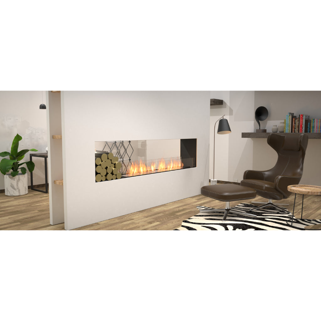EcoSmart Fire Flex 42 bioethanol fireplace insert in a white partition wall with a linear flame and log storage.