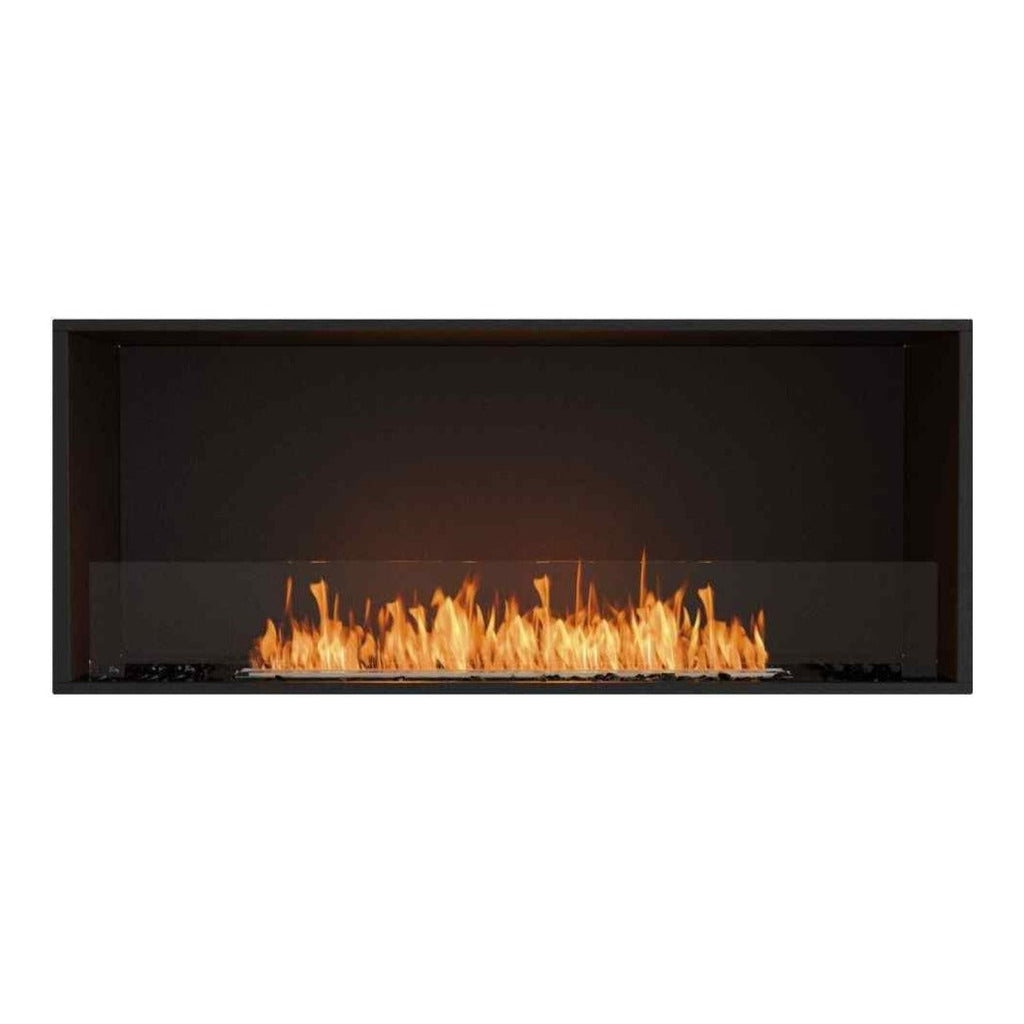 EcoSmart Fire Flex 50 bioethanol fireplace with a black rectangular frame and a clear glass front showing orange flames.