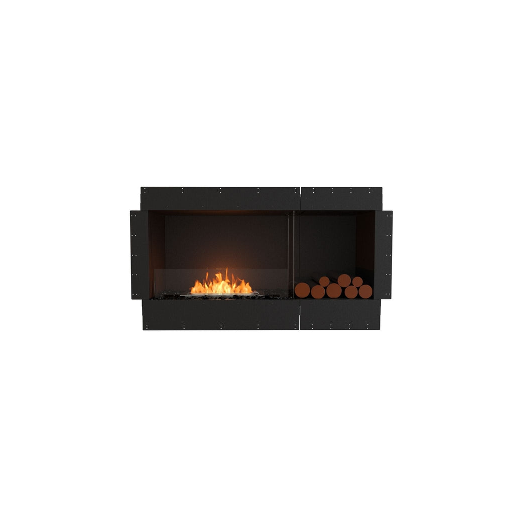 EcoSmart Fire Flex 50 bioethanol fireplace with black frame, glass screen, orange flames, and decorative log storage.