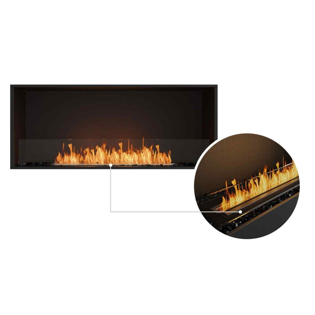 EcoSmart Fire Flex 50 bioethanol fireplace with a black frame, glass screen, and a close-up of the burner flames.