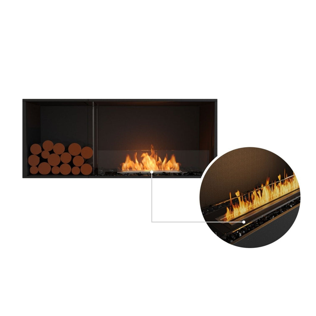 EcoSmart Fire Flex 50 bioethanol fireplace with black frame, decorative logs, and a close-up of the linear burner flame.