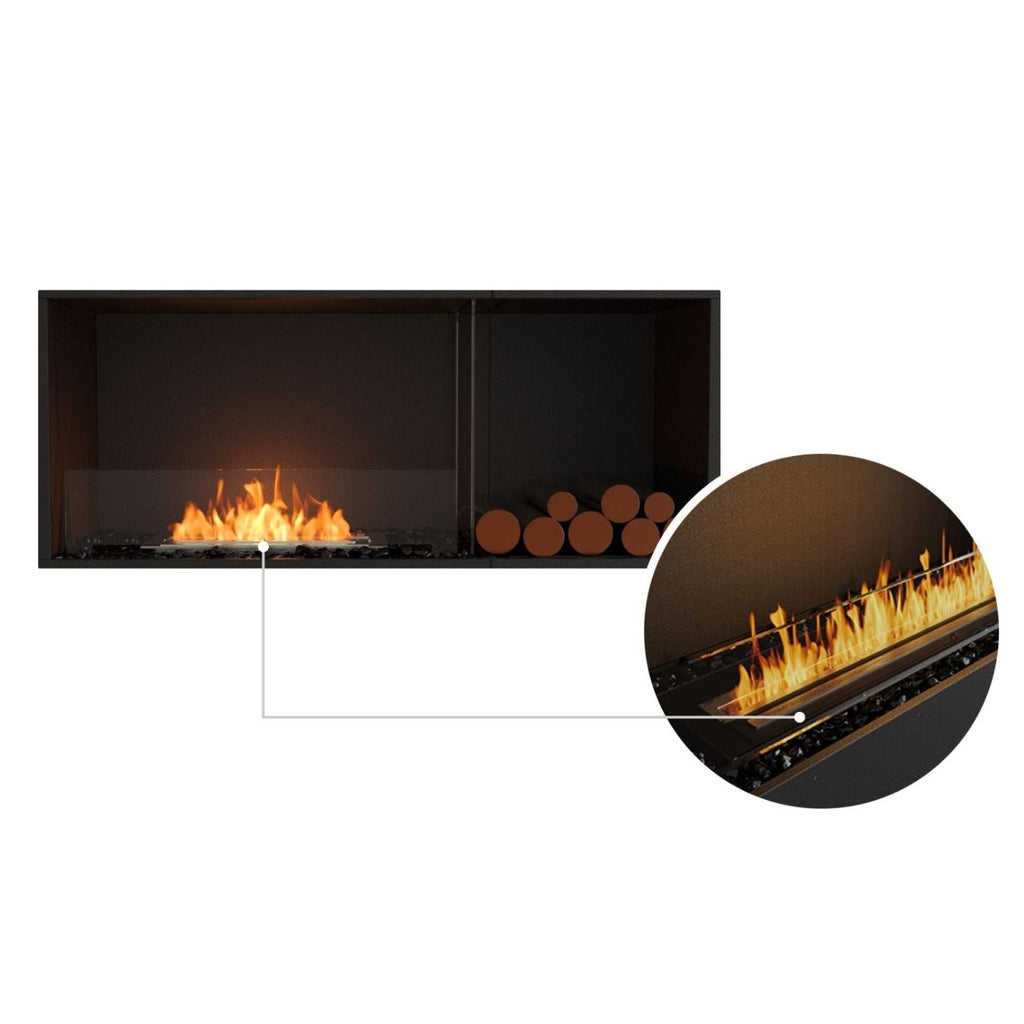 EcoSmart Fire Flex 50 black fireplace insert with a linear flame, glass screen, and decorative logs.