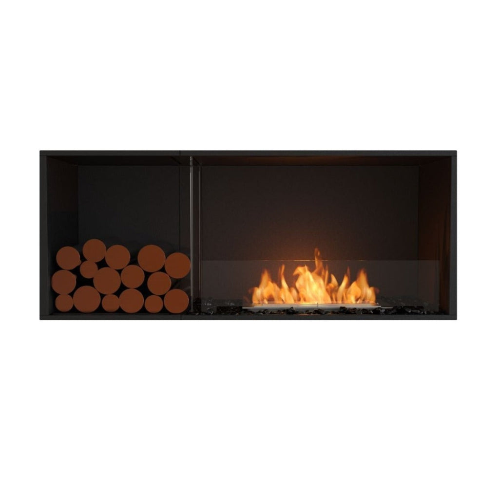 EcoSmart Fire Flex 50 bioethanol fireplace with a black frame, decorative logs, and a glass-enclosed flame.