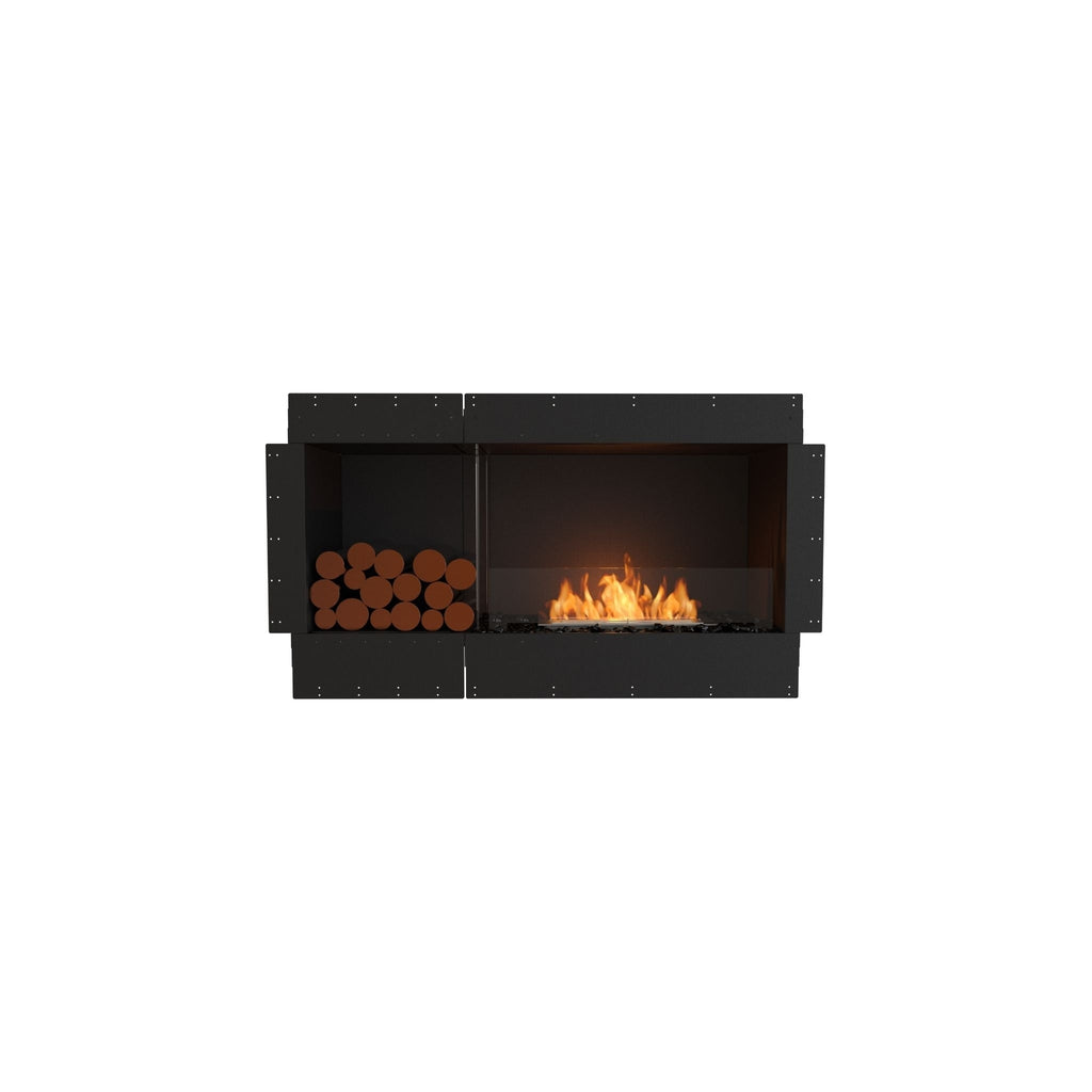 EcoSmart Fire Flex 50 black fireplace insert with a burning flame and a stack of decorative logs on the left.