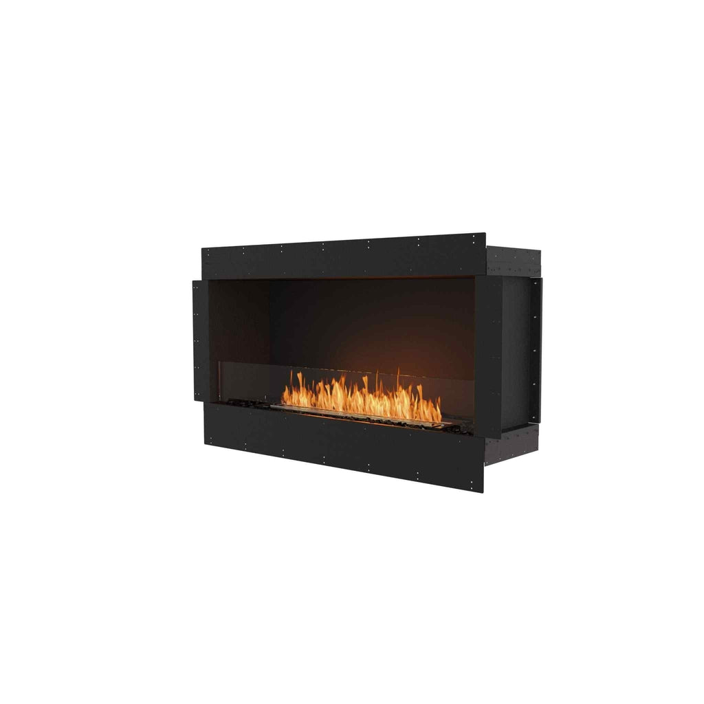 EcoSmart Fire Flex 50 bioethanol fireplace insert with a black metal frame and a long, linear flame behind glass.