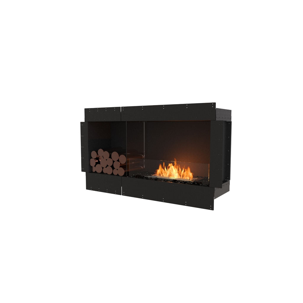 EcoSmart Fire Flex 50 black bioethanol fireplace insert with a glass front, orange flames, and decorative logs.