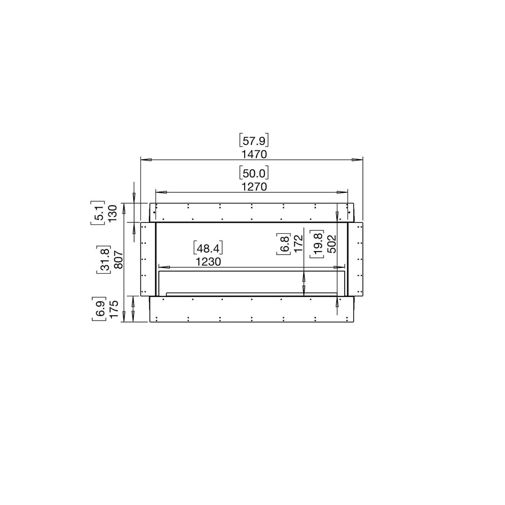 Technical line drawing of EcoSmart Fire Flex 50 fireplace insert showing dimensions in millimetres and inches.