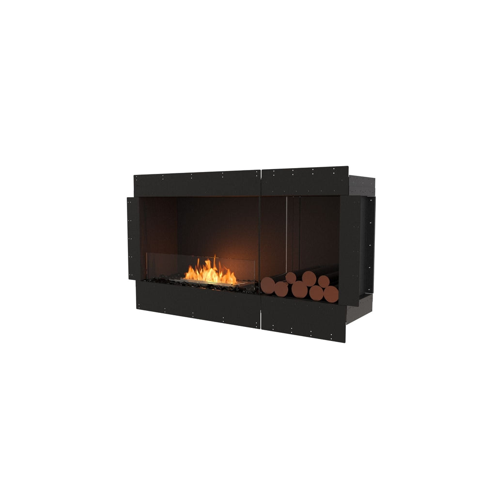 EcoSmart Fire Flex 50 bioethanol fireplace insert with a black frame, glass screen, orange flames, and decorative logs.
