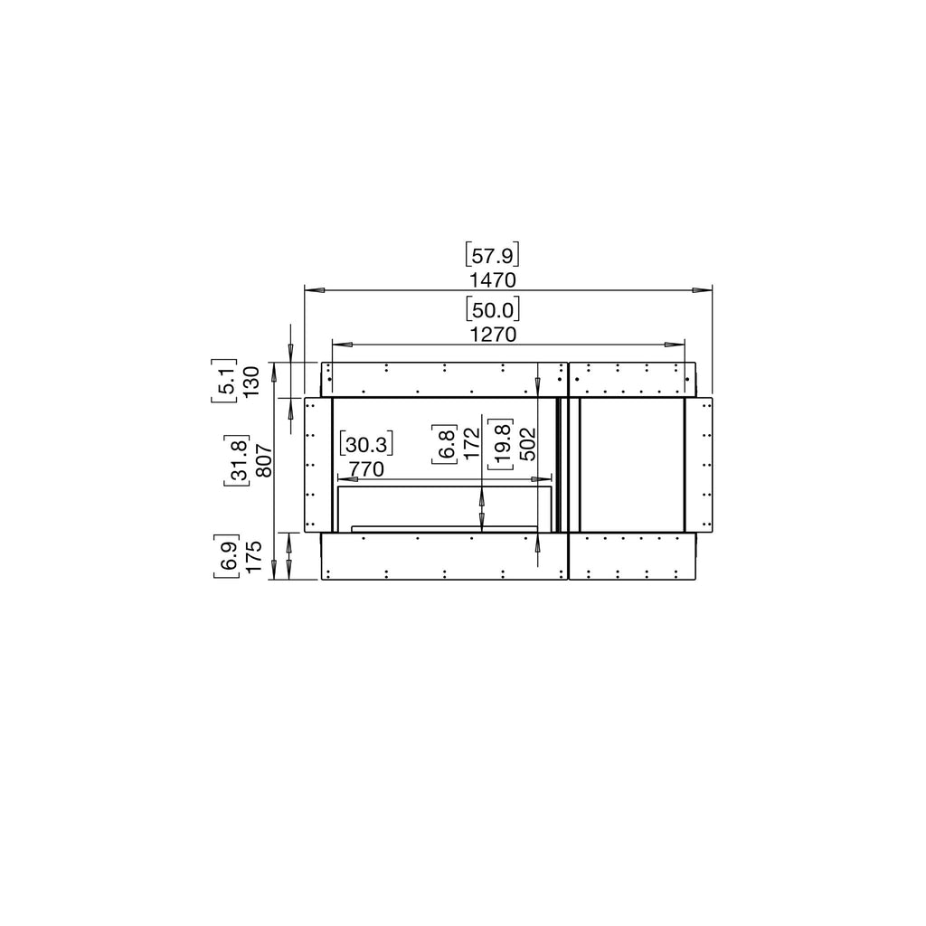 Technical line drawing of the EcoSmart Fire Flex 50 bioethanol fireplace insert with dimensions in millimetres.