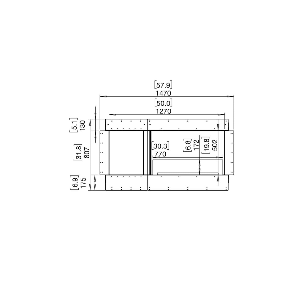 Technical line drawing of the EcoSmart Fire Flex 50 fireplace insert showing front view dimensions in millimetres.