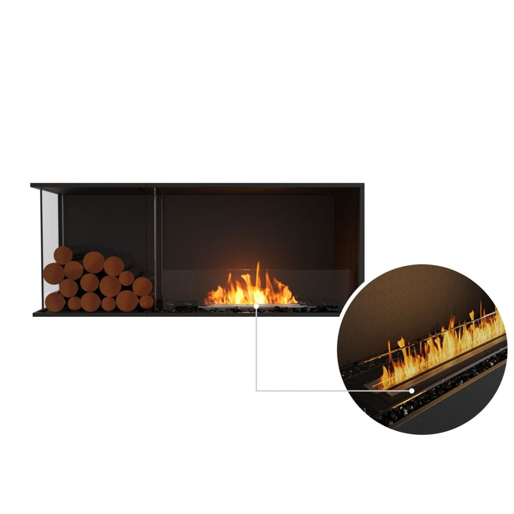 EcoSmart Fire Flex 50 bioethanol fireplace with black frame, decorative logs, and a close-up of the linear burner flame.