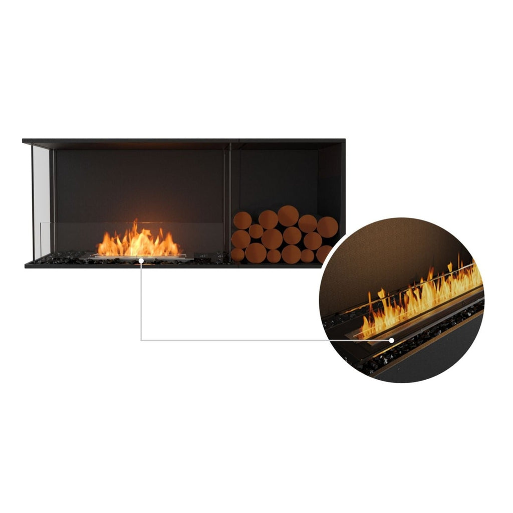 EcoSmart Fire Flex 50 bioethanol fireplace with black frame, glass screen, and decorative logs, plus burner close-up.
