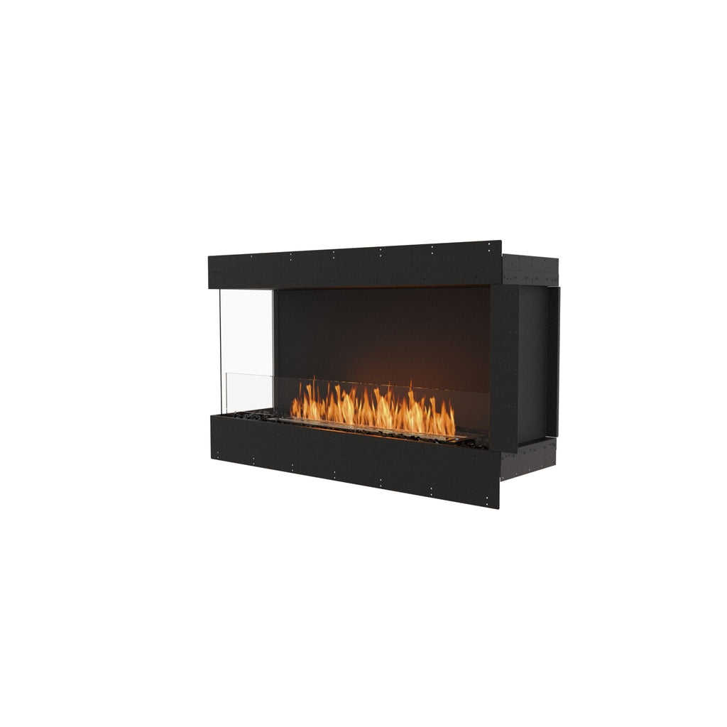 EcoSmart Fire Flex 50 bioethanol fireplace insert with a black finish, glass side panel, and visible orange flames.