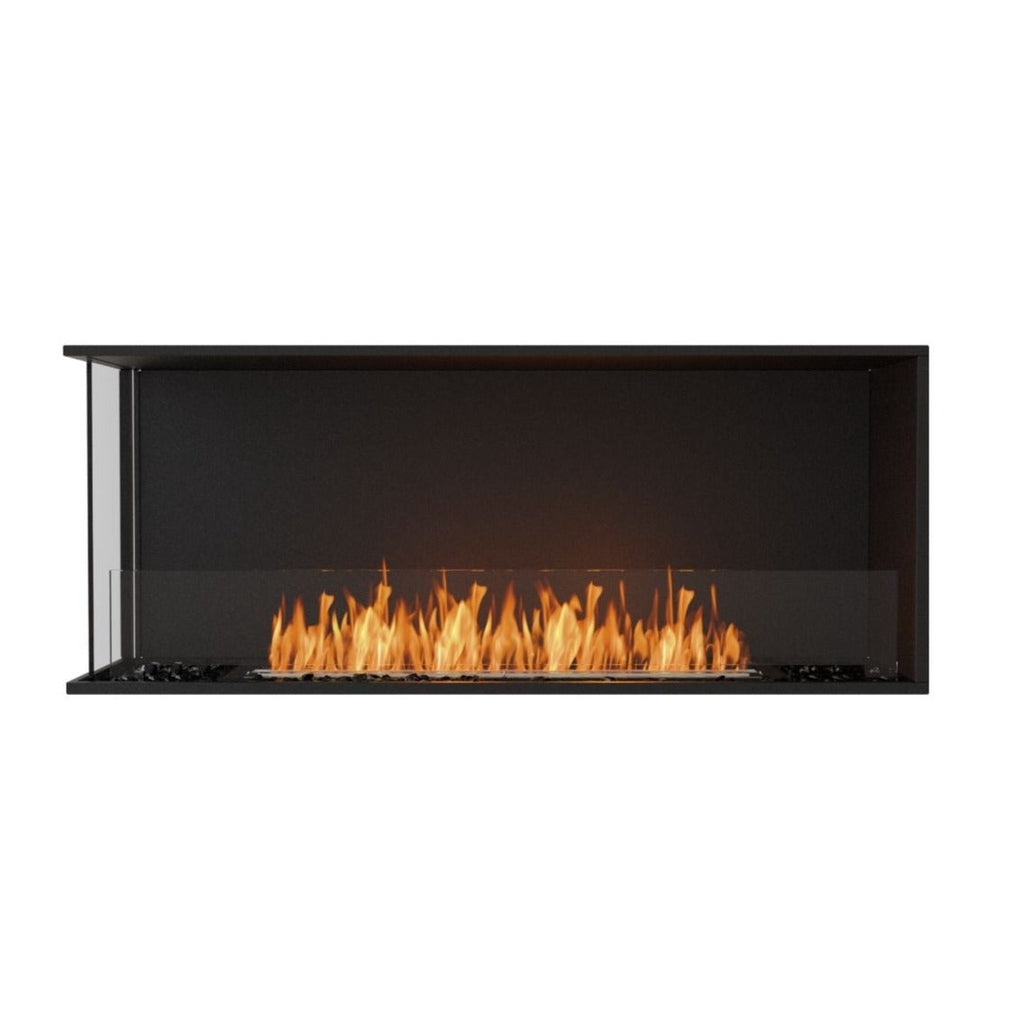 EcoSmart Fire Flex 50 bioethanol fireplace with a black frame, glass screen, and visible orange flames.