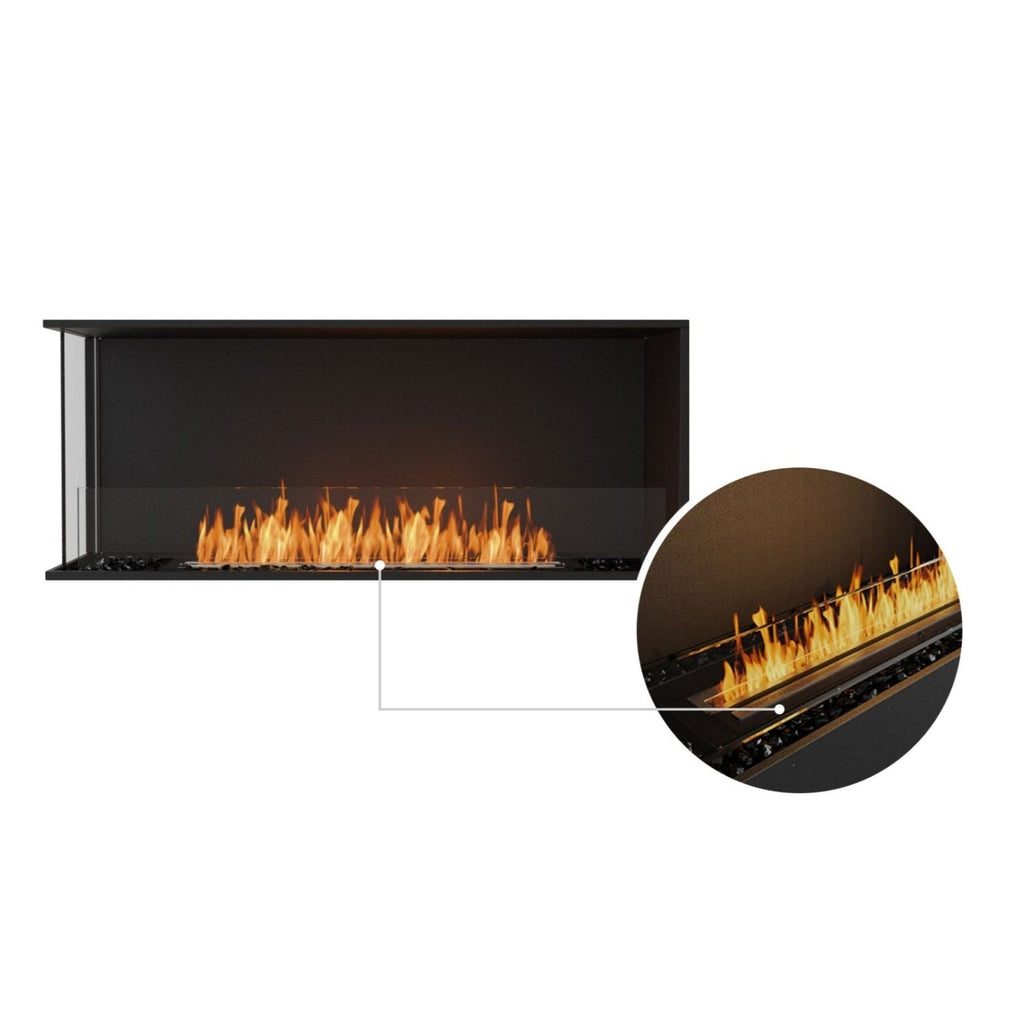 EcoSmart Fire Flex 50 bioethanol fireplace with a black frame, glass screen, and a circular close-up of the flames.