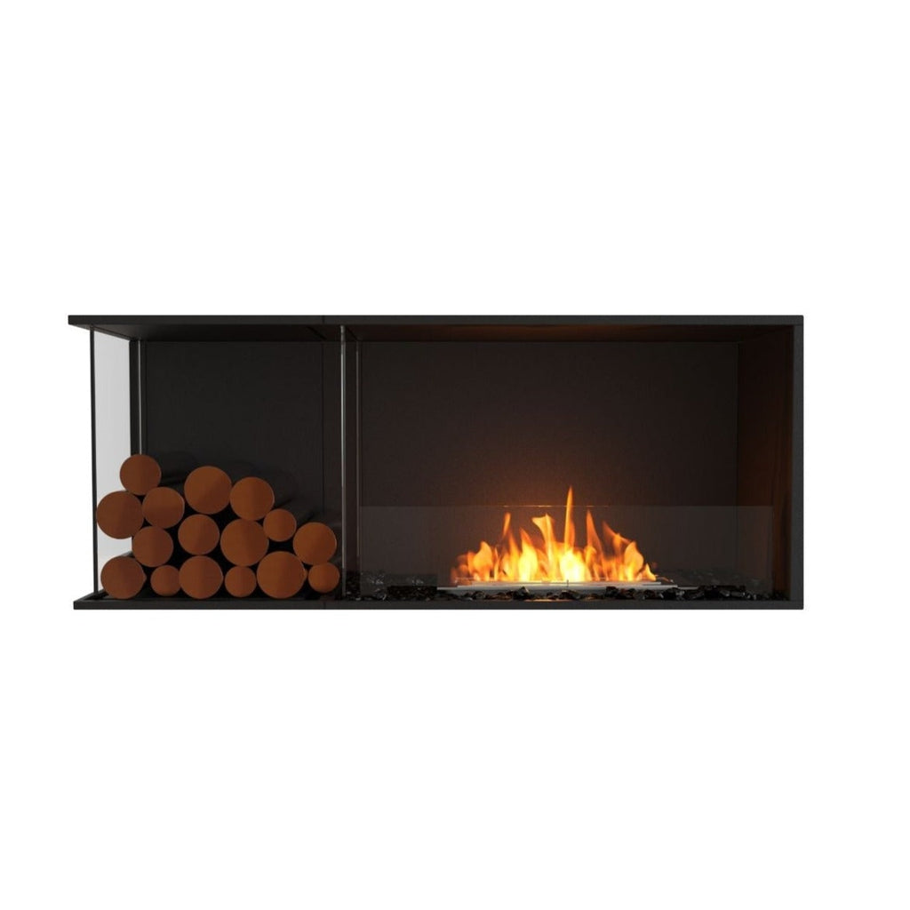 EcoSmart Fire Flex 50 fireplace with black frame, glass screen, orange flames, and decorative logs on the left.