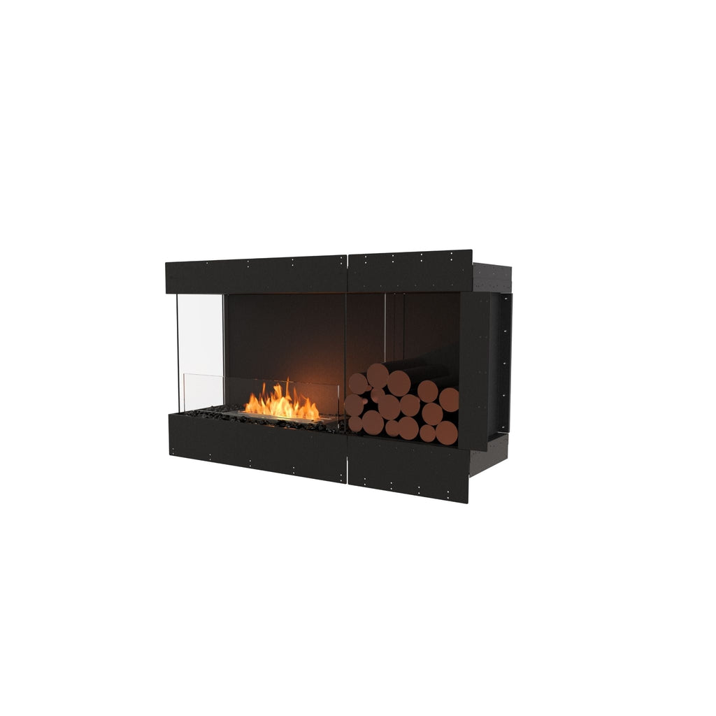 EcoSmart Fire Flex 50 black metal fireplace insert with glass sides, a bioethanol flame, and decorative log storage.