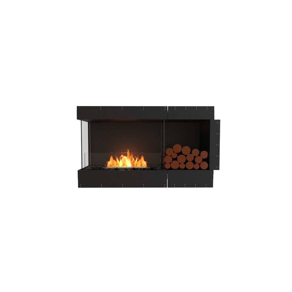 EcoSmart Fire Flex 50 bioethanol fireplace with black frame, glass screen, orange flames, and decorative log storage.
