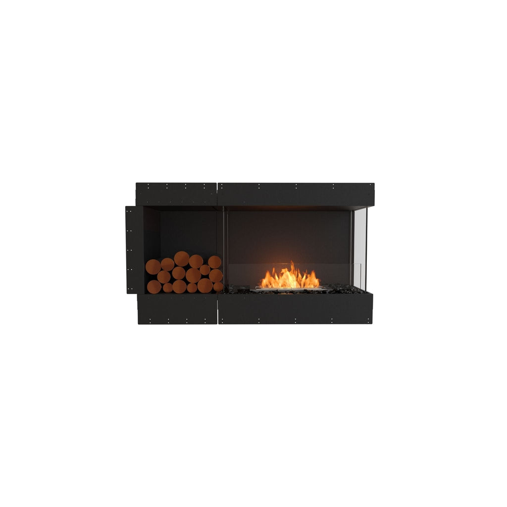 EcoSmart Fire Flex 50 bioethanol fireplace with a black frame, glass screen, orange flames, and decorative wood logs.