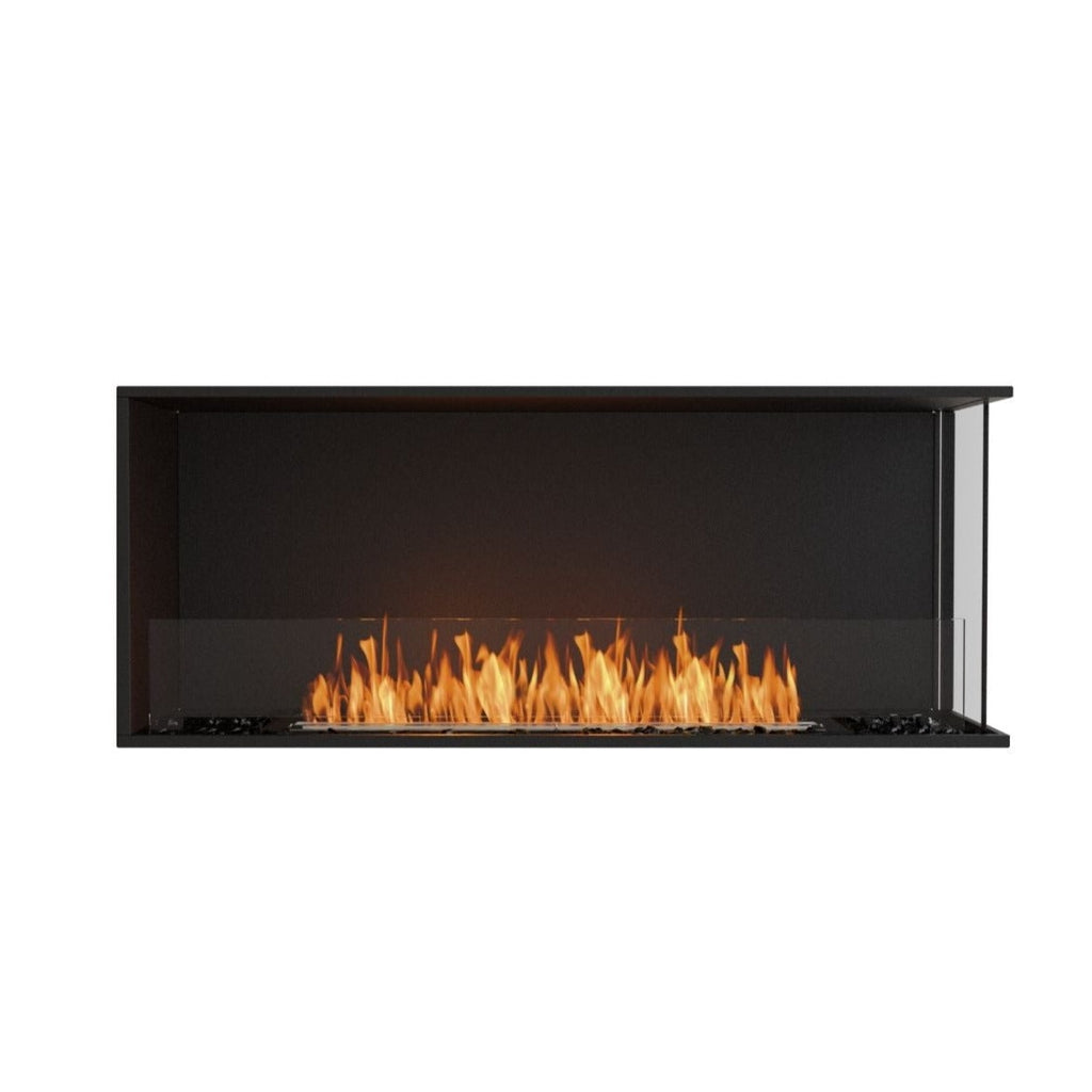 EcoSmart Fire Flex 50 bioethanol fireplace with a black frame, glass screen, and visible orange flames.