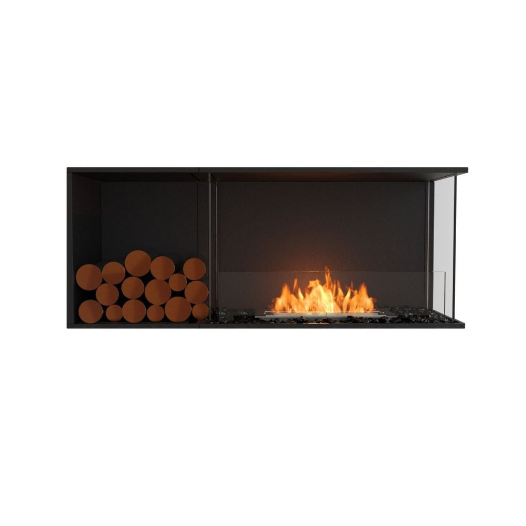 EcoSmart Fire Flex 50 bioethanol fireplace with a black frame, glass screen, orange flames, and decorative logs.