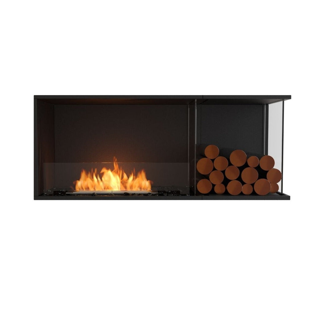 EcoSmart Fire Flex 50 insert with a black frame, glass screen, orange flames, and decorative logs on the right.