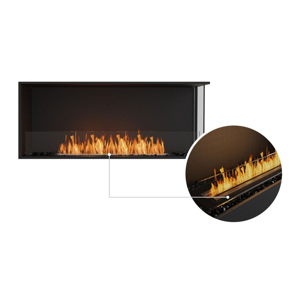 EcoSmart Fire Flex 50 bioethanol fireplace with a black frame, glass screen, and a close-up of the burner and flames.