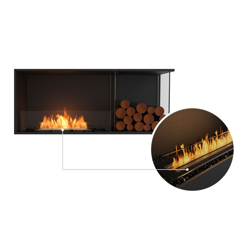 EcoSmart Fire Flex 50 black bioethanol fireplace with a glass front, decorative logs, and a close-up of the flame.