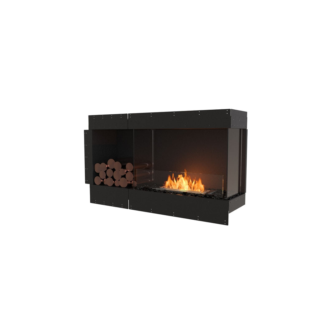 EcoSmart Fire Flex 50 bioethanol fireplace with black frame, glass screen, decorative logs, and orange flames.