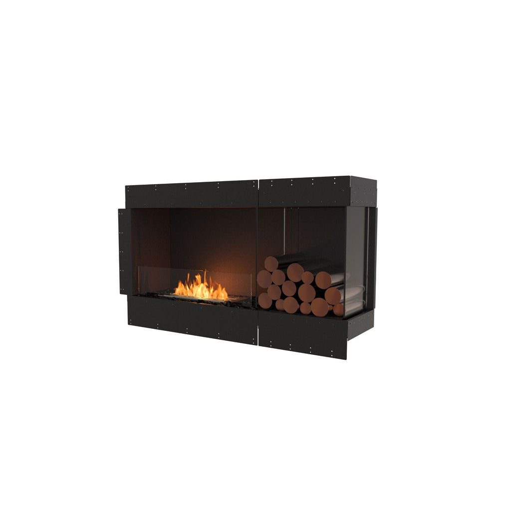 EcoSmart Fire Flex 50 black bioethanol fireplace insert with a glass screen, orange flames, and decorative log storage.