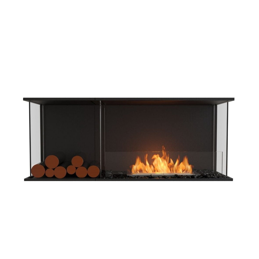 EcoSmart Fire Flex 50 bioethanol fireplace with black frame, glass sides, orange flames, and decorative logs.