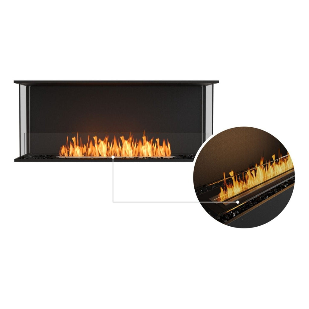 EcoSmart Fire Flex 50 bioethanol fireplace with a black frame, glass screen, and a close-up of the burning flame.