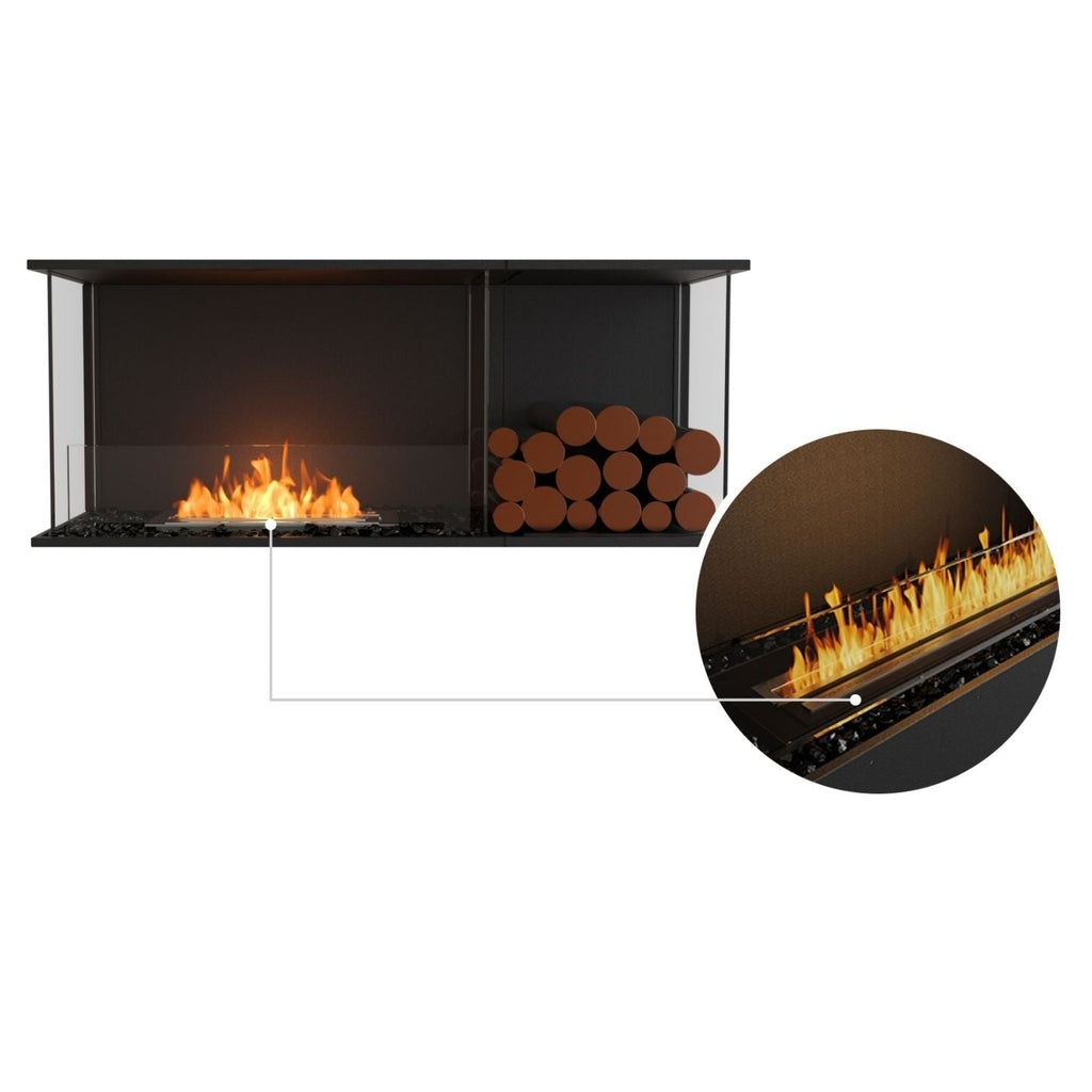 EcoSmart Fire Flex 50 bioethanol fireplace with black frame, glass screen, and decorative logs, featuring a flame close-up.