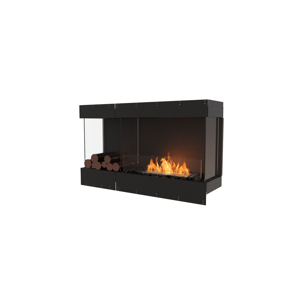 EcoSmart Fire Flex 50 bioethanol fireplace with a black frame, glass sides, burning flames, and decorative logs.