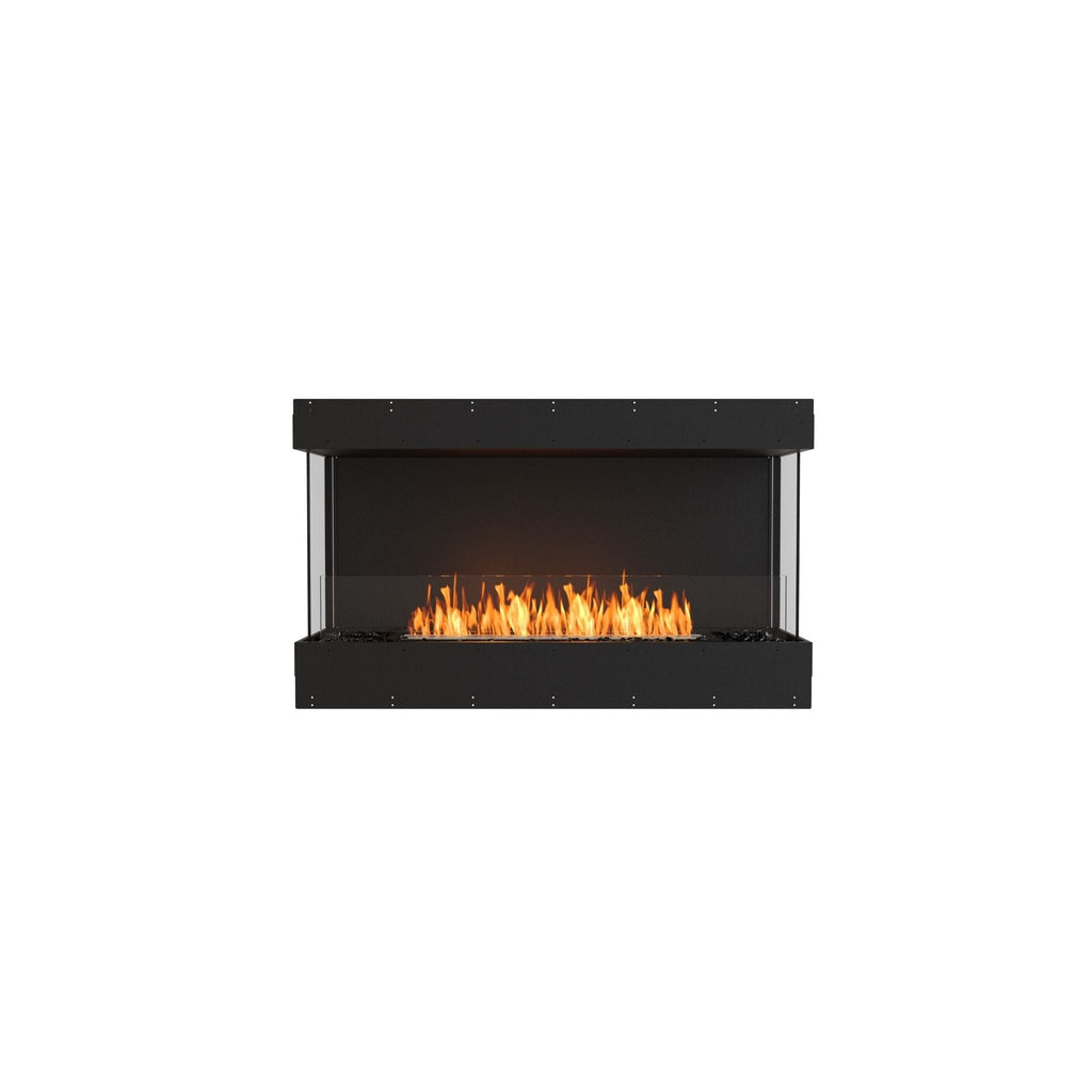 EcoSmart Fire Flex 50 bioethanol fireplace with a black frame, glass sides, and a glowing orange flame.