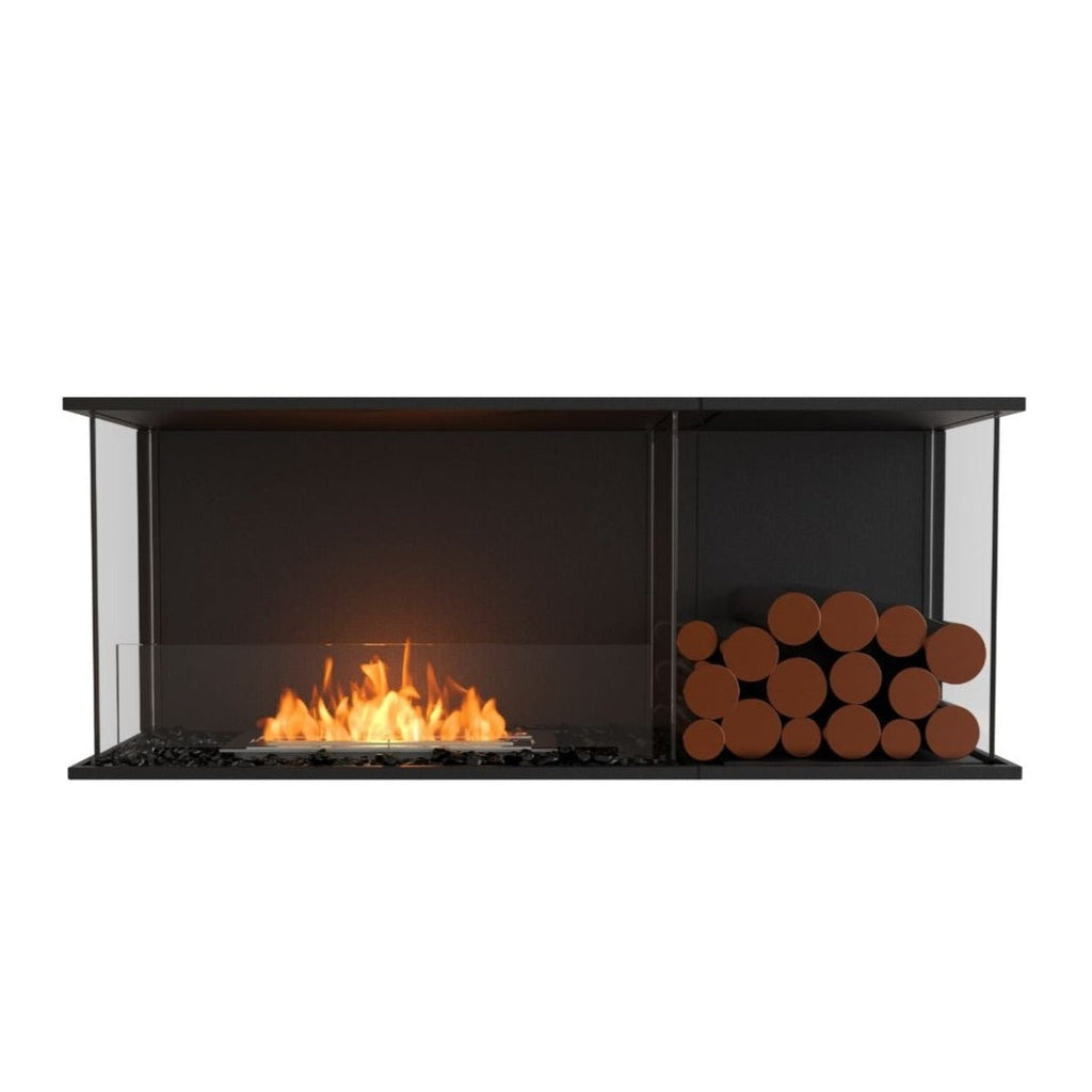 EcoSmart Fire Flex 50 bioethanol fireplace with a black frame, glass sides, orange flames, and decorative logs.