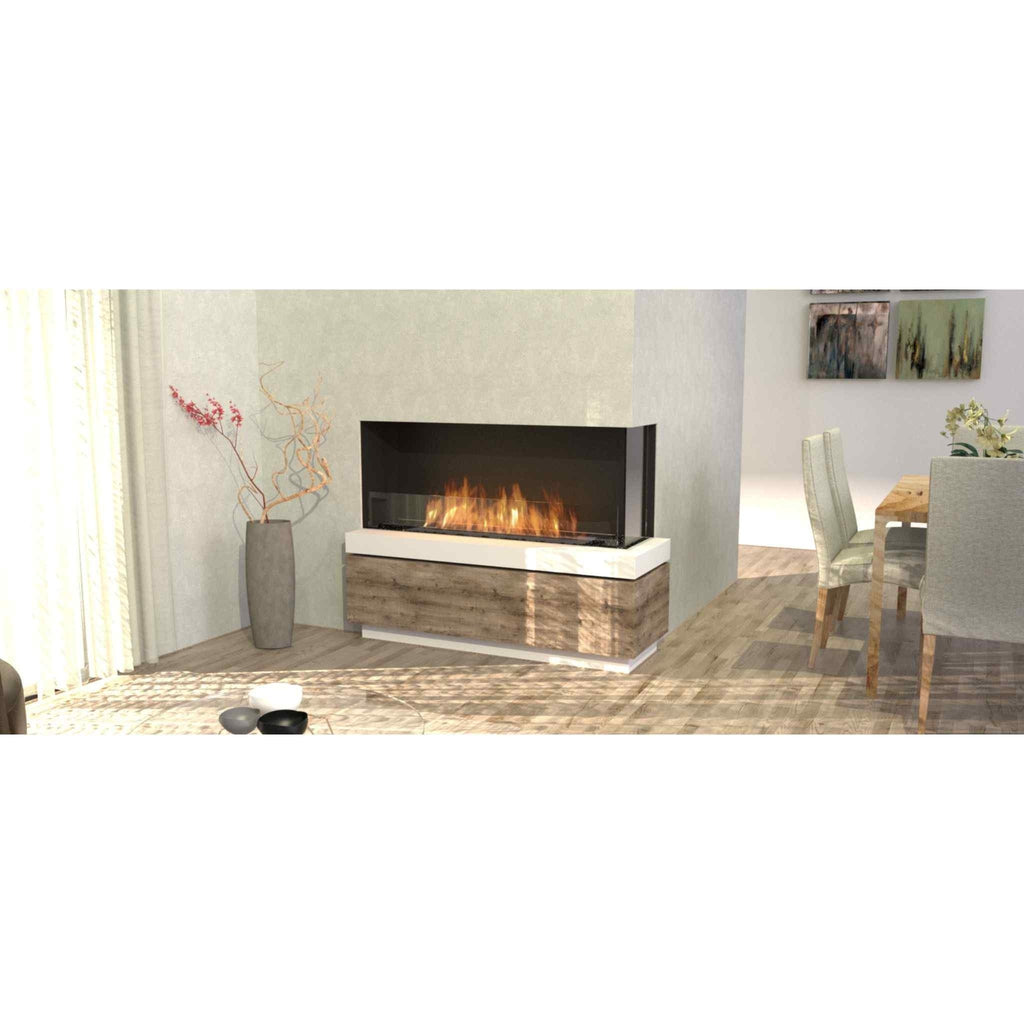 EcoSmart Fire Flex 50 bioethanol fireplace with a black frame, white top, and wood-effect base in a modern living room.