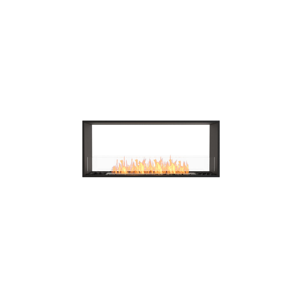 EcoSmart Fire Flex 50 bioethanol fireplace with a black rectangular frame and clear glass front showing orange flames.